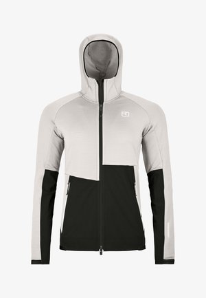 Hellgraue und schwarze Kapuzenjacke mit Reißverschluss, langen Ärmeln und zwei vorderen Reißverschlusstaschen.