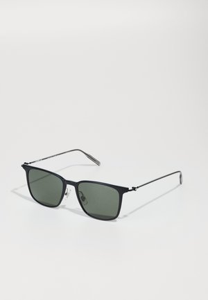 Black square sunglasses with green lenses and silver metal hinges. Features a lightweight frame and adjustable nose pads for comfort.