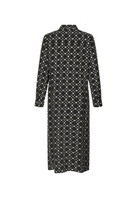 Schwarzes Kleid mit langen Ärmeln und einem kragenlosen Ausschnitt. Verfügt über ein cremfarbenes geometrisches Muster und eine Taillennaht für eine leicht figurbetonte Silhouette.