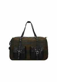 Borsa a tracolla realizzata in tessuto a quadretti marrone con dettagli in pelle nera, dotata di due tasche anteriori removibili e manici in pelle doppi.