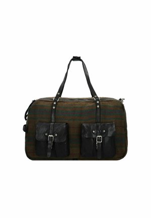 Dufflebag gemaakt van bruin geruite stof met zwarte leren accenten, uitgerust met twee afneembare voorzakken en dubbele leren handvatten.