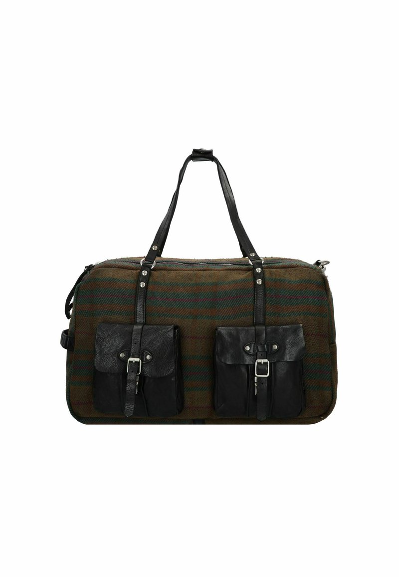 Borsa a tracolla realizzata in tessuto a quadretti marrone con dettagli in pelle nera, dotata di due tasche anteriori removibili e manici in pelle doppi.