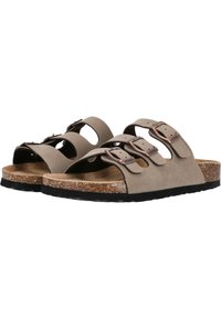 Bruna mockaskinnsandaler med korkfotbädd, tre justerbara remmar med metallspännen och en texturerad svart gummisula.