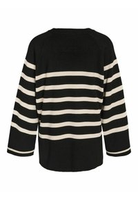 Pull en maille noir avec des rayures blanches horizontales sur le corps et les manches, vu de dos avec des manches longues et un col rond.