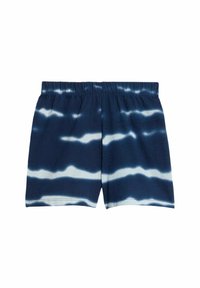 Marineblauwe shorts met een tie-dye patroon en witte horizontale strepen. Elastische tailleband, zachte stof en casual ontwerp.