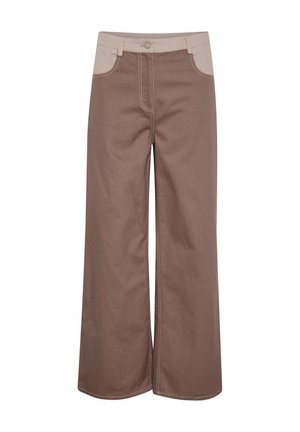 Wide-leg trousers in dark brown denim, featuring light brown accents on the waistband and pockets, with visible stitching details.