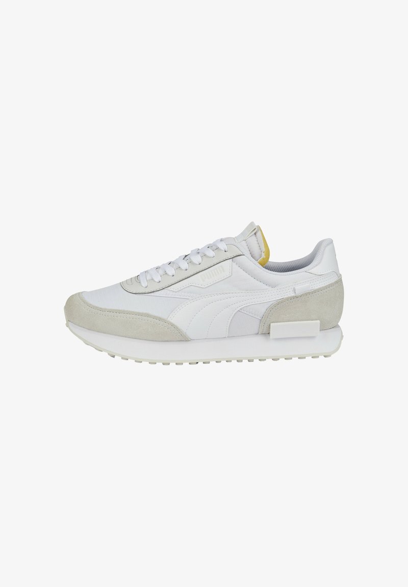 White and light gray sneaker featuring a textured suede and mesh upper, lace closure, padded collar, and a rubber outsole with a contrasting heel accent.
