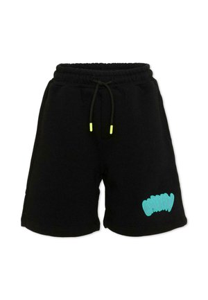 Pantaloncini neri con coulisse, vita elastica, punte della coulisse giallo neon e testo in stile graffiti turchese sulla parte bassa della gamba sinistra.