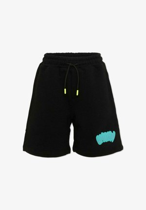 Shorts noirs à cordon de serrage avec taille élastique, embouts du cordon jaune néon, et texte en style graffiti teal sur la jambe inférieure gauche.