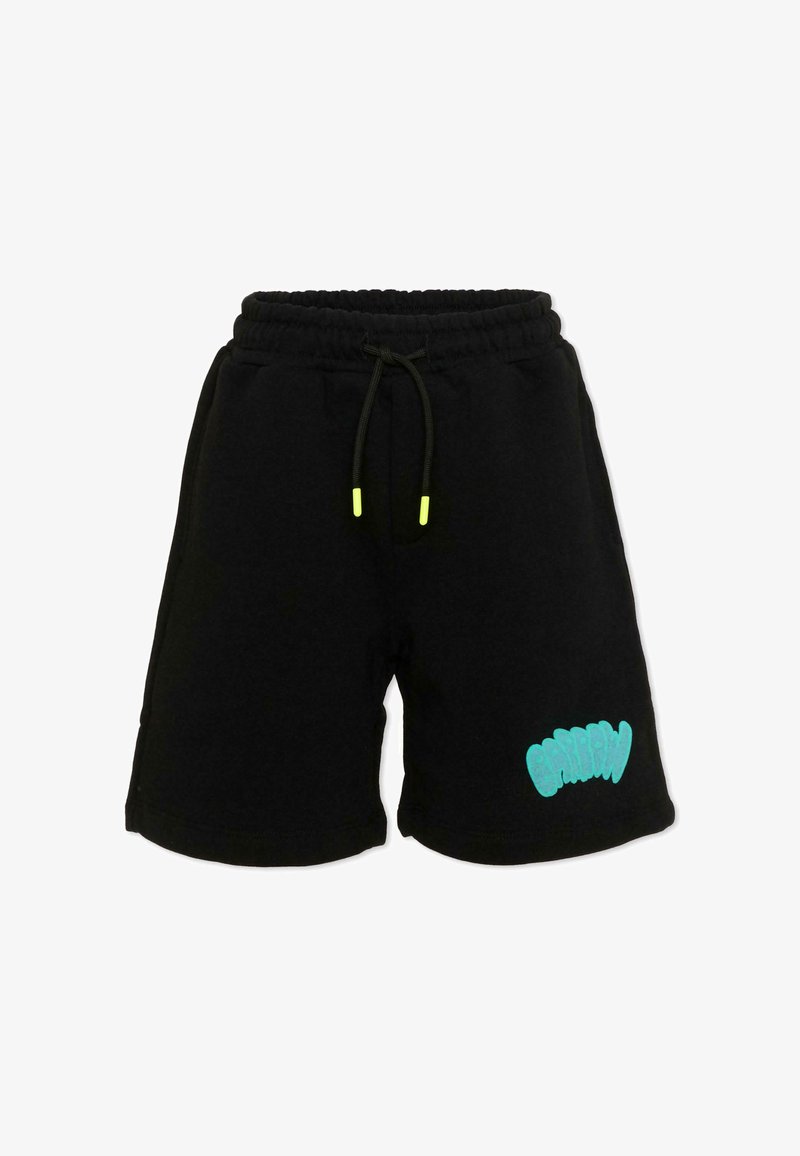 Shorts noirs à cordon de serrage avec taille élastique, embouts du cordon jaune néon, et texte en style graffiti teal sur la jambe inférieure gauche.