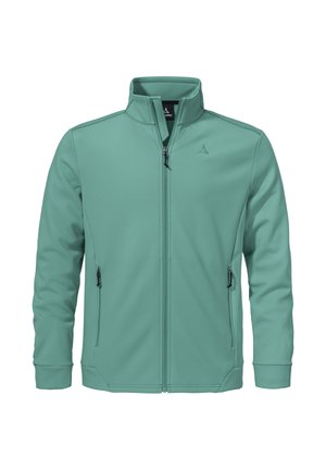 Grüne, mit Reißverschluss versehene Jacke mit hohem Kragen, zwei seitlichen Reißverschlusstaschen, langen Ärmeln und dezentem Logo auf der Brust.