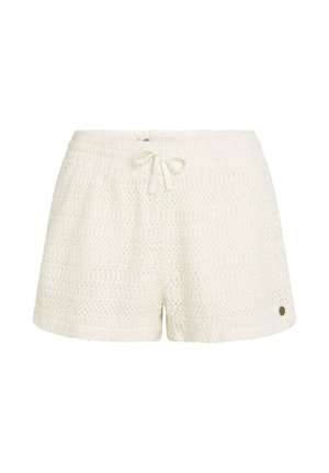 Pantalones cortos blancos de crochet con cintura elástica y cordón. Presentan un patrón texturizado y un pequeño detalle de logo metálico en el lateral.