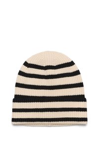 Bonnet en tricot crème avec des rayures horizontales noires. Dispose d'une texture côtelée et d'un revers pour un ajustement ajustable.
