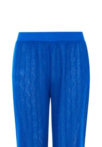Blauwe gebreide broek met een ruitpatroon, voorzien van een geribde tailleband. Lichtgewicht, doorschijnend ontwerp met een textuurafwerking.