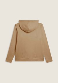 Felpa beige con maniche lunghe e cappuccio, mostrata da dietro su uno sfondo chiaro e semplice.