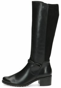 Botas de cuero y gamuza negras hasta la rodilla con un tacón grueso, que cuentan con un detalle de correa trenzada y una punta redondeada.