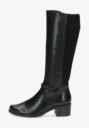 Knee-high black leather and suede boots with a chunky heel, featuring a braided strap accent and a rounded toe.