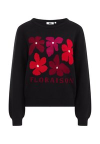 Schwarzer Strickpullover mit floralen Designs in Rot und Pink, mit weißen Akzenten und dem Schriftzug "FLORAISON" am unteren Rand. Runder Hals und lange Ärmel.
