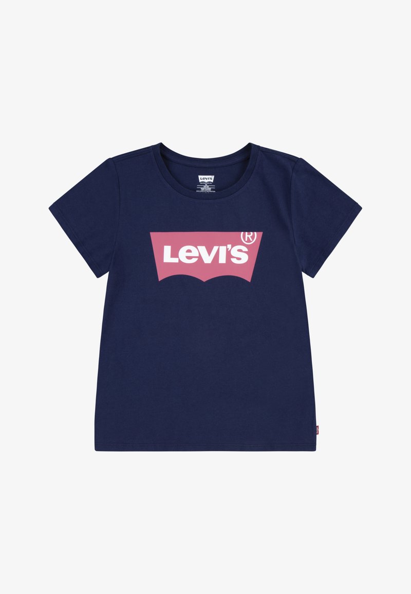 Μπλε βαμβακερό μπλουζάκι με κοντά μανίκια και στρογγυλή λαιμόκοψη. Διαθέτει ένα μεγάλο ροζ λογότυπο Levi's σε λευκή γραμματοσειρά στο μπροστινό μέρος.