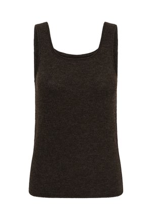 Brown knit tank top with a square neckline and wide straps, featuring a soft, textured fabric and a fitted silhouette.