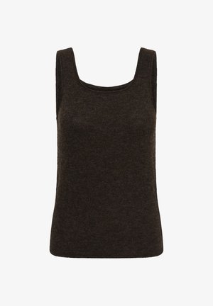 Brun strikket tanktop med firkantet udskæring og brede stropper, der har et blødt, tekstureret stof og en tætsiddende silhuet.