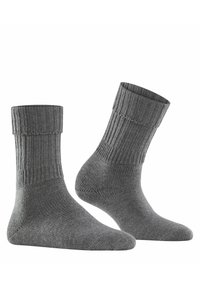 Calze grigie lavorate a maglia con polsini a coste, texture morbida e design aderente alla caviglia. Presentano punte e talloni rinforzati per una maggiore durata.