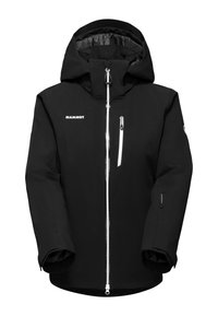 Schwarze wasserdichte Jacke mit Kapuze, Frontreißverschluss und Reißverschlusstaschen. Verfügt über eine glatte, matte Oberfläche mit Logodetails.