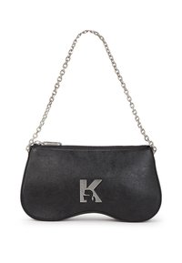 Borsa a tracolla in pelle sintetica nera con una catena argentata, forma arrotondata, chiusura con zip e un accentuato logo metallico K sulla parte anteriore.