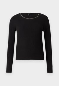 Bluză neagră cu mânecă lungă, cu un guler rotund și un accent metalic subtil pe marginea gulerului. Textură moale, design ajustat.