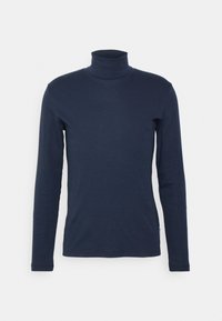 Tummansininen korkeakauluksinen pitkähihaisena paita, joka on valmistettu pehmeästä kankaasta, ja siinä on istuva leikkaus ilman näkyviä kuvioita tai koristeita.