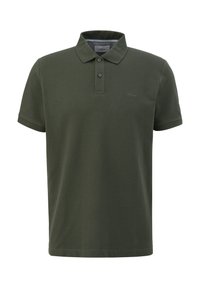 Polo manches courtes vert foncé avec deux boutons, un col et un marquage discret sur la poitrine gauche.