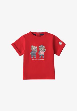 Red cotton t-shirt with short sleeves featuring two cartoon bears, one with a camera and the other in striped clothing, embroidered details.