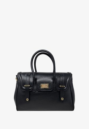 Borsa in pelle nera con finitura a ciottoli, manici superiori doppi, accessori in oro e una chiusura frontale. Presenta bordi morbidi e dettagli di cucitura discreti.