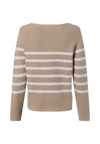 Beiger Pullover mit langen Ärmeln und weißen horizontalen Streifen auf dem Rücken und den Ärmeln, dargestellt auf weißem Hintergrund.