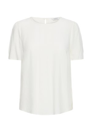 Biela blúzka s krátkym rukávom, okrúhlym výstrihom a malým gombíkovým zapínaním s kľúčovou dierkou na zadnom golieri.