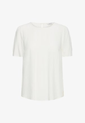 Valge lühikeste varrukatega pluus ümarate kaelustega ja väikese augukujulise nööpidega suletav detail kaeluse tagaosas.