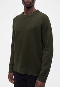 Homme portant un pull en maille uni vert foncé à manches longues avec des poignets et un ourlet côtelés, debout sur un fond blanc.