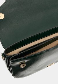 Borsa a tracolla in pelle verde scuro con finitura lucida. Presenta una chiusura a scatto dorata e un interno in tessuto beige con numerosi scomparti.