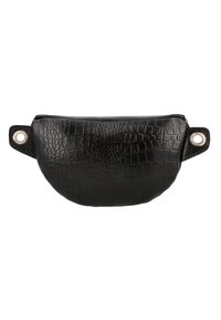 Bolso de cuero negro con estampado de cocodrilo, de forma curvada, cierre con cremallera y acentos en acero inoxidable a los lados para sujeción.