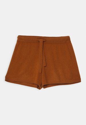 Brown knitted shorts with a tie waist, featuring a soft texture and a simple design. The hem is finished with stitching for durability.
