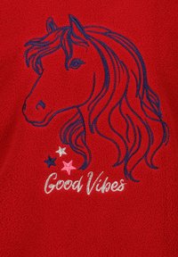 Roter Fleece-Stoff mit einem blauen bestickten Pferdekopf und dem Text "Good Vibes" in Silber, umgeben von mehrfarbigen Sternen.