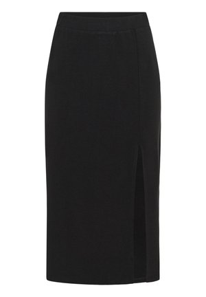 Jupe crayon noire longueur genou avec taille haute et fente latérale droite, tissu uni, sans motifs ni ornements visibles.