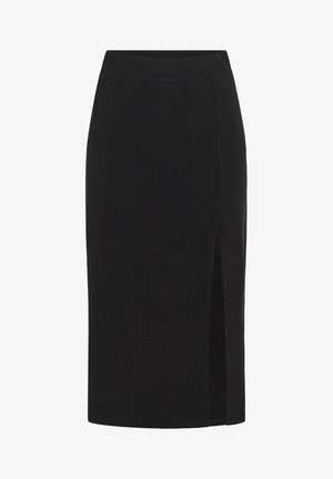 Jupe crayon noire longueur genou avec taille haute et fente latérale droite, tissu uni, sans motifs ni ornements visibles.