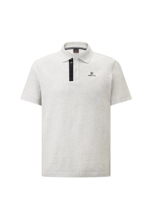 Grey polo shirt made of breathable fabric. Features a black button placket, logo on the chest, short sleeves, and a classic collar design.