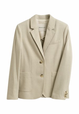 Beige small checkered blazer with notch lapel, two front buttons, two lower pockets, chest pocket, and three buttons on each cuff.
