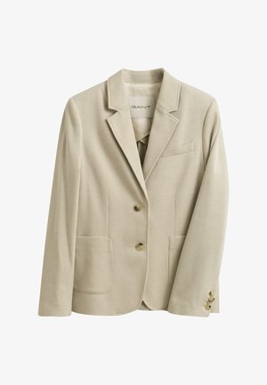 Beige small checkered blazer with notch lapel, two front buttons, two lower pockets, chest pocket, and three buttons on each cuff.