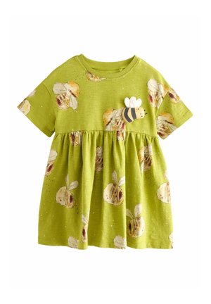 Robe en coton verte à manches courtes, ornée de motifs d'abeilles et d'un accent d'abeille en 3D sur la poitrine. Jupe évasée et texture douce.