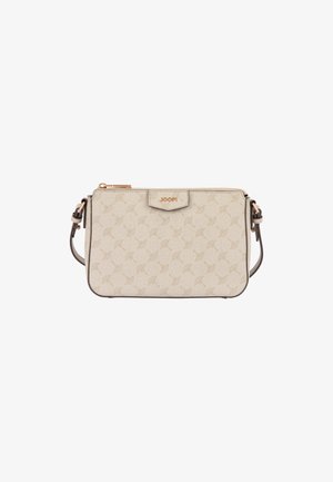 Sac bandoulière beige avec un motif subtil, fermeture éclair dorée, sangle réglable et petit logo doré "JOOP!" sur le devant.