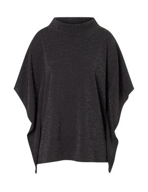 Zwarte glinsterende poncho-stijl top met brede zijkanten en een hoge halslijn, ontworpen voor een losse, gedrapeerde pasvorm.