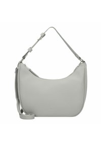Sac à épaule en cuir gris avec un design incurvé, bandoulière réglable et fermeture éclair. Présente une surface texturée et un logo discret.